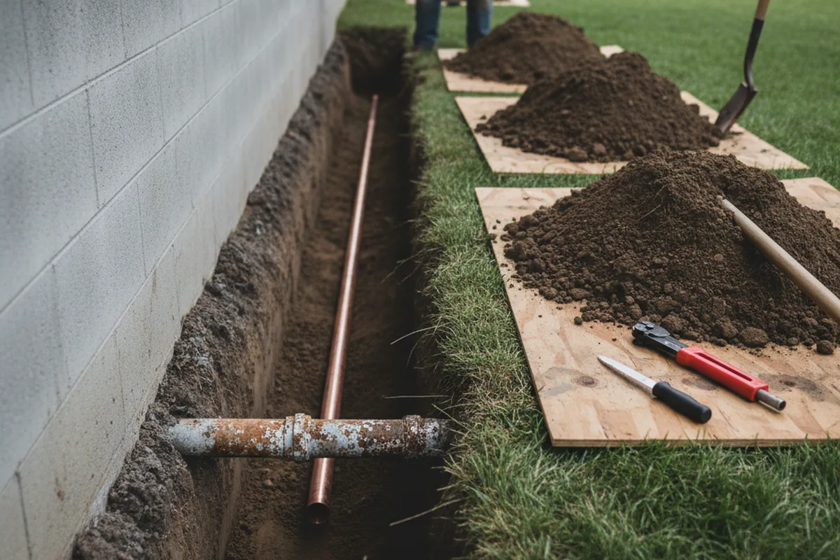 Excavated water line trench during Sewer Line Repair in Avonmore
